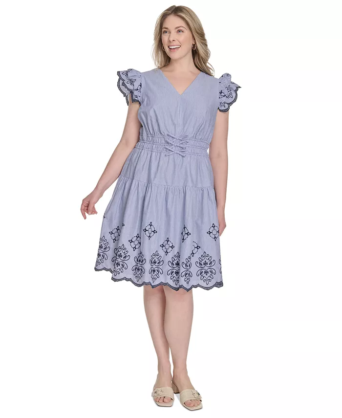

Платье из хлопка с вышивкой и расклешенными рукавами Plus Size Vince Camuto, синий