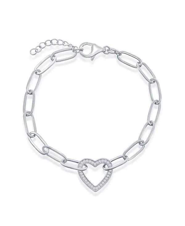 

Браслет в форме сердца-скрепки из стерлингового серебра или позолоченного серебра с фианитами Simona, silver