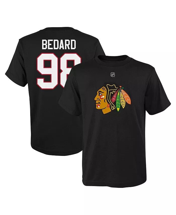 

Черная футболка Big Boys Connor Bedard Chicago Blackhawks с именем и номером игрока Outerstuff, черный