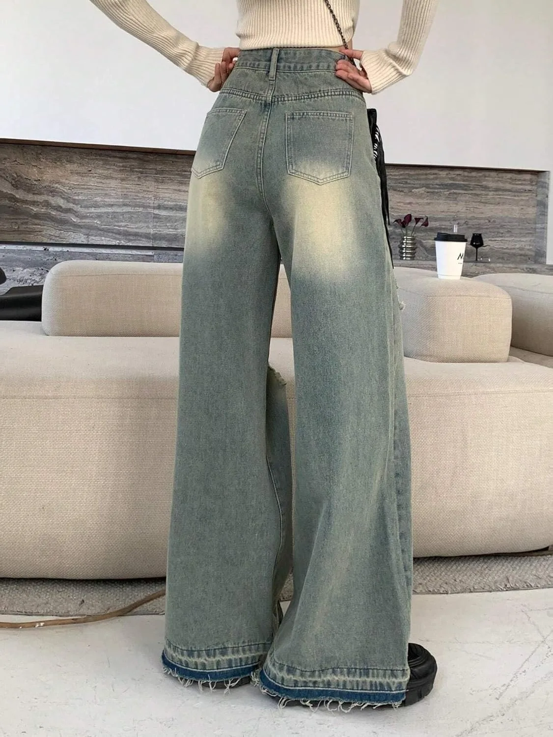 Женские классические джинсы Wide Leg, Washed Denim Generic, Medium Wash — фото 2
