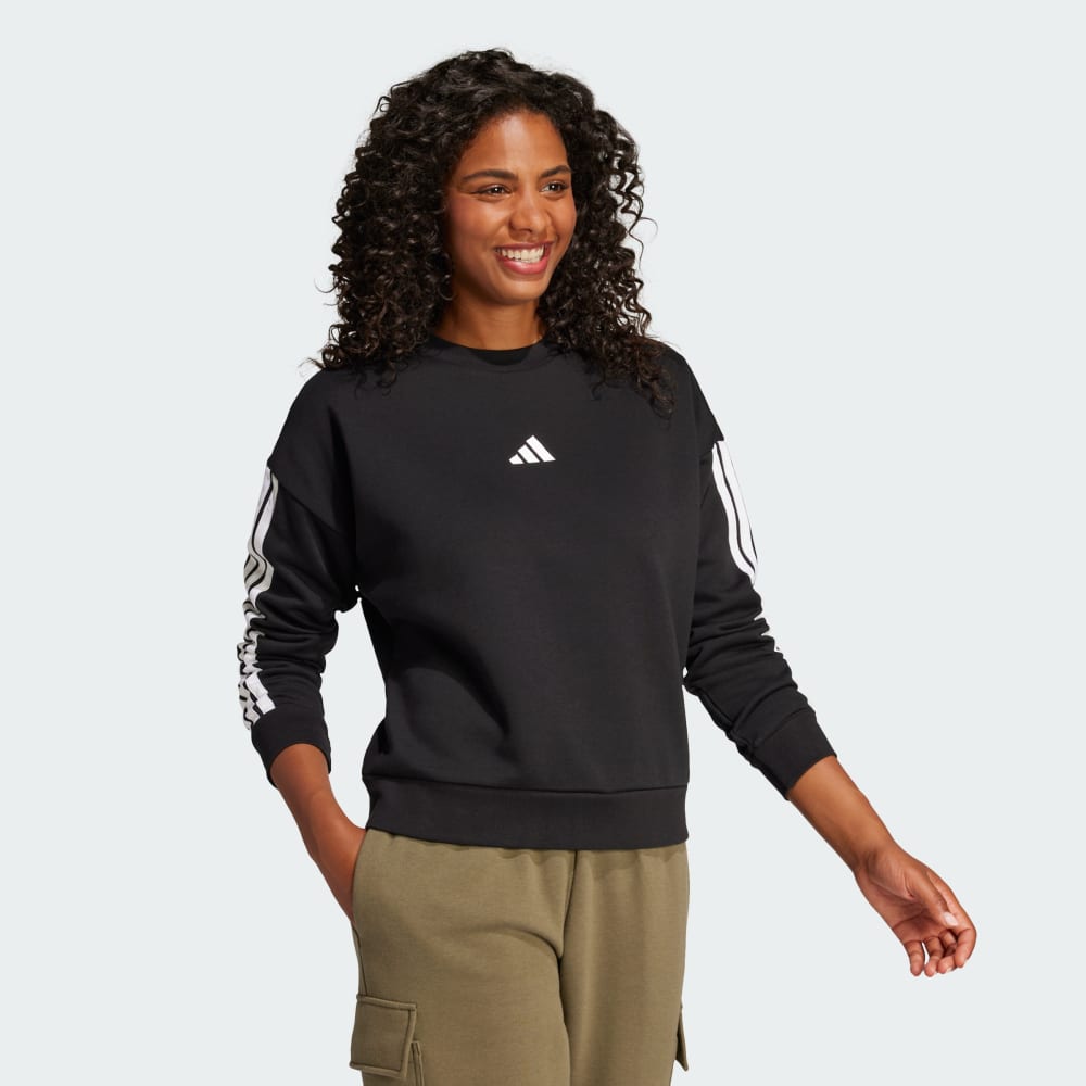Толстовка Adidas Essentials 3-Stripes Fleece Sweatshirt, черный/белый — фото 3