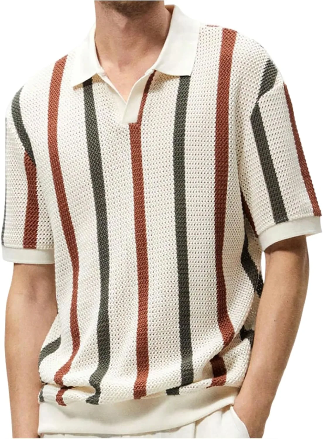 

Мужской полосатый свитер с коротким рукавом и воротником BEAUDRM