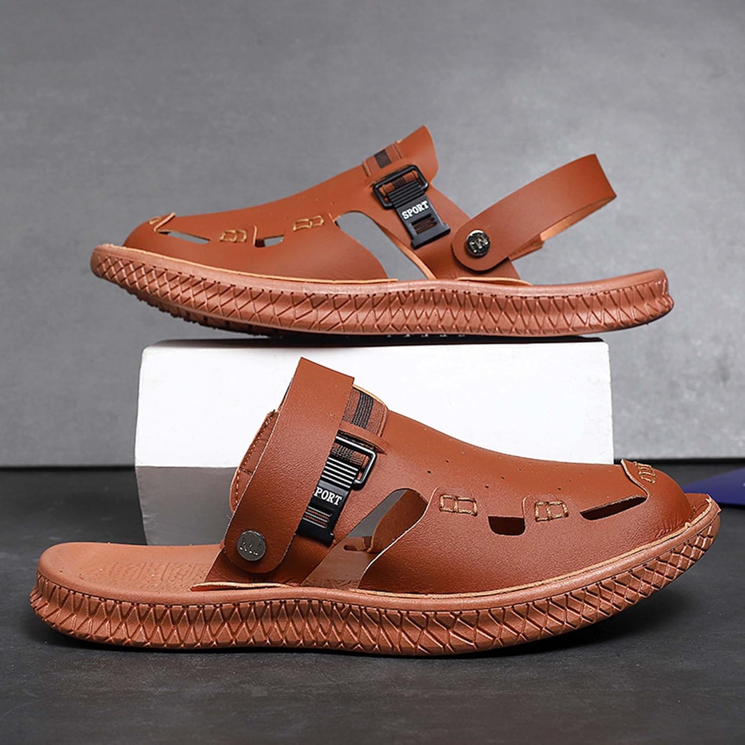 Мужские сандалии летние дышащие пляжные туфли модные кожаные сабо садовая обувь для дома повседневные шлепанцы для душа повседневные сандалии-шлепанцы Generic, коричневый — фото 3