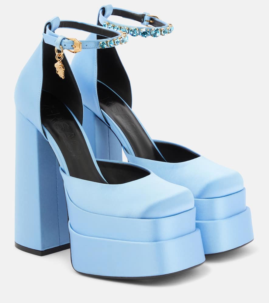 Атласные платформенные туфли Medusa Aevitas Versace, Ice Blue-Oro Versace