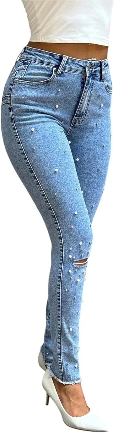 

Женские джинсы Pearl Jeans Skinny с эффектом лифтинга, потертости и бахромой CFNZER