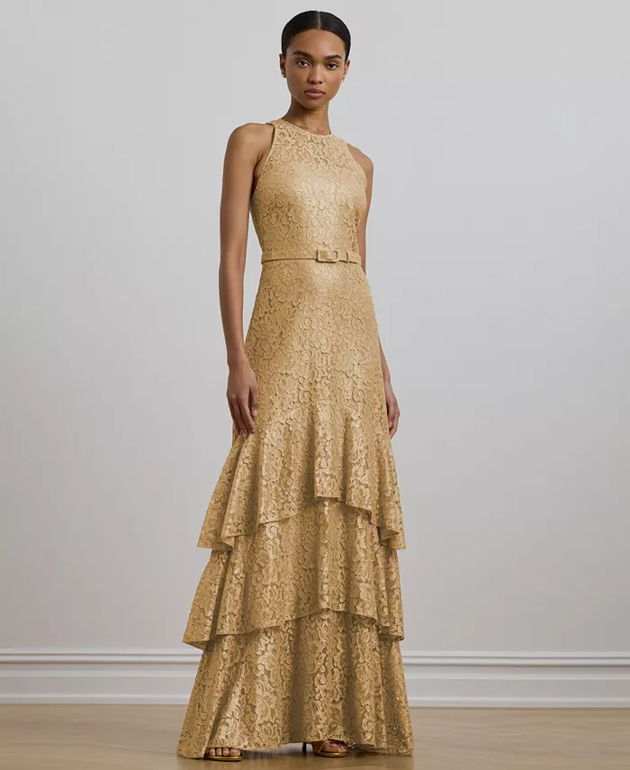 

Женское платье с поясом, металлизированное кружево, многоярусное Lauren Ralph Lauren, золотой