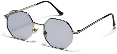 

Солнцезащитные очки в ретро-стиле 2026 года с металлической оправой в форме шестиугольника, модные, цвет розовое золото, защита от ультрафиолета UV400 MTZJH, Silver Light Grey