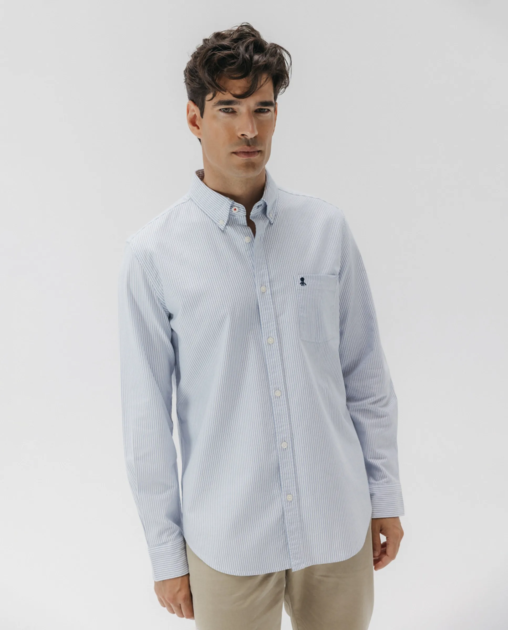 

Мужская рубашка в полоску из ткани оксфорд с воротником на пуговицах El Pulpo, синий