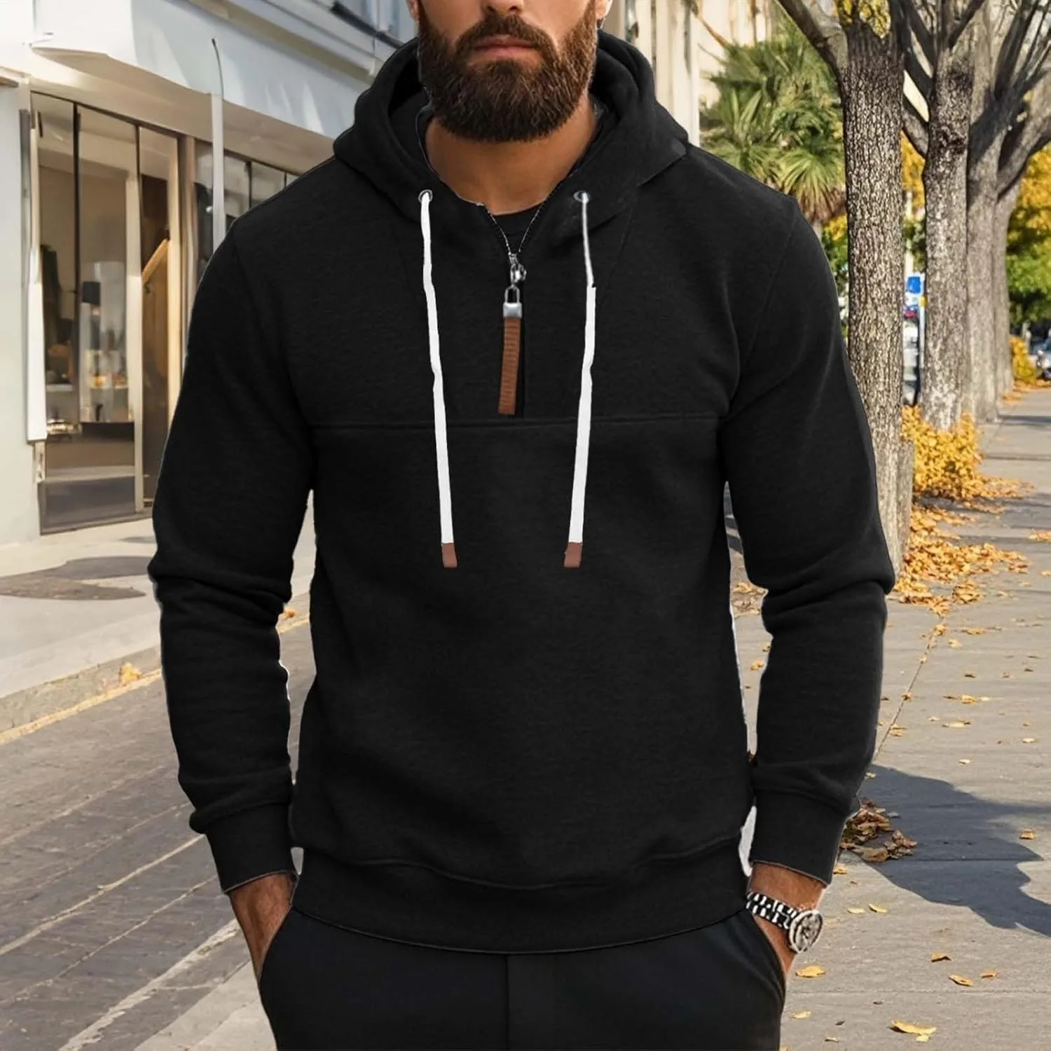 Толстовка с молнией на четверть мужская Casual Comfy Fleece Pullover Loose Fit с капюшоном на шнурке — фото 2