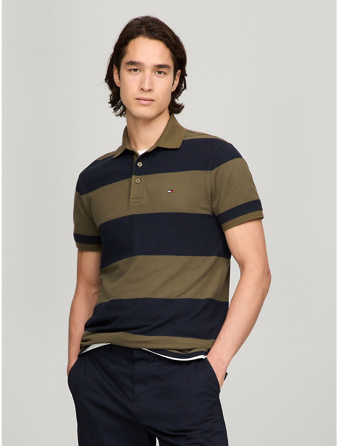 

Мужская облегающая рубашка-поло Tommy Hilfiger Rugby Stripe, хаки/темно-синий