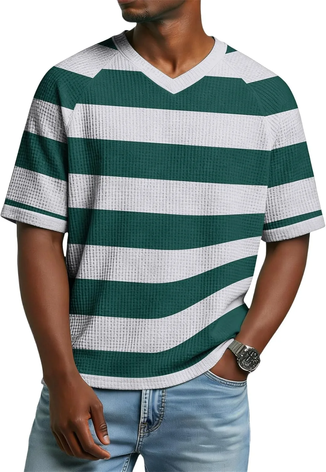 

Поло в полоску с V-образным вырезом и коротким рукавом lopmou