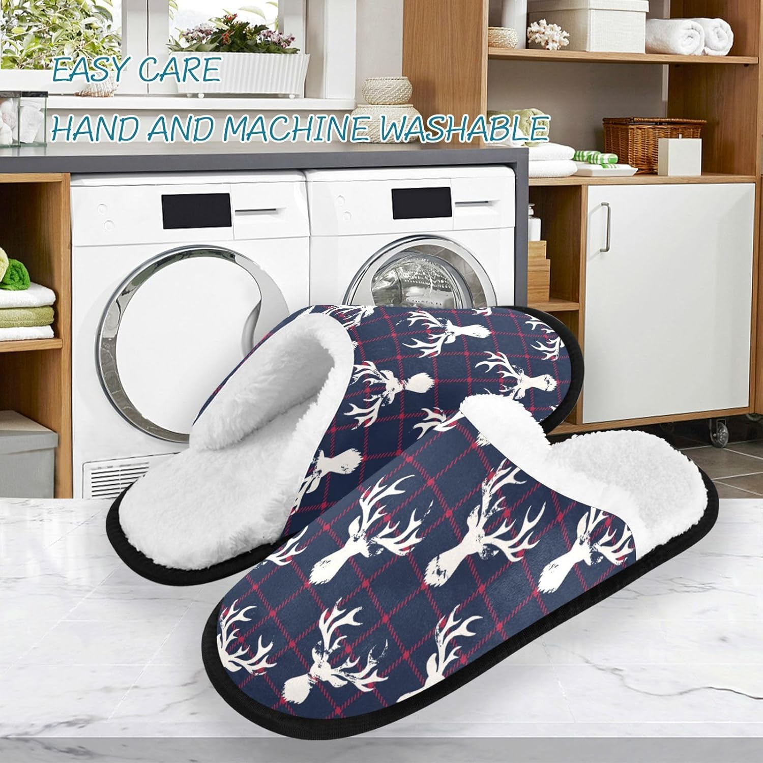 Тапочки Umidedor мягкие, нескользящие, для дома, спальни, отеля, путешествий и спа, Christmas Plaid Deer — фото 3