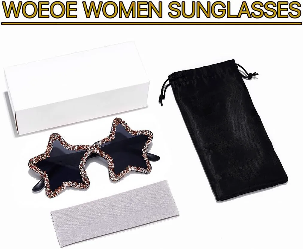 

Солнцезащитные очки Woeoe без оправы в форме звезды, украшенные стразами, для женщин, с бриллиантовыми кристаллами, аксессуар для костюмированной вечеринки, Black