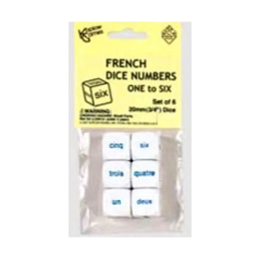

d6 20 мм игральные кости с цифрами 1–6 — французские слова (6), Dice - Foreign Language Dice