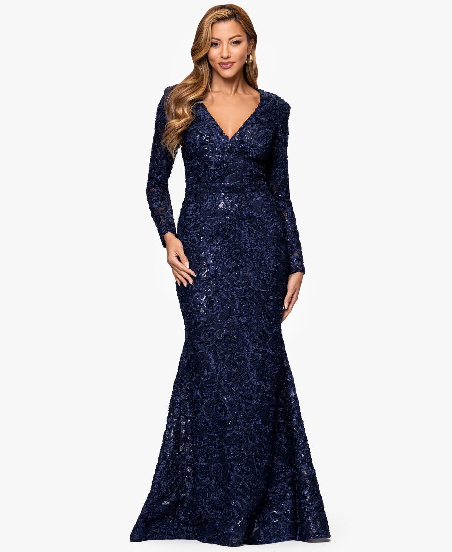 

Платье с длинными рукавами, украшенное кружевом сутаж и пайетками XSCAPE, Navy