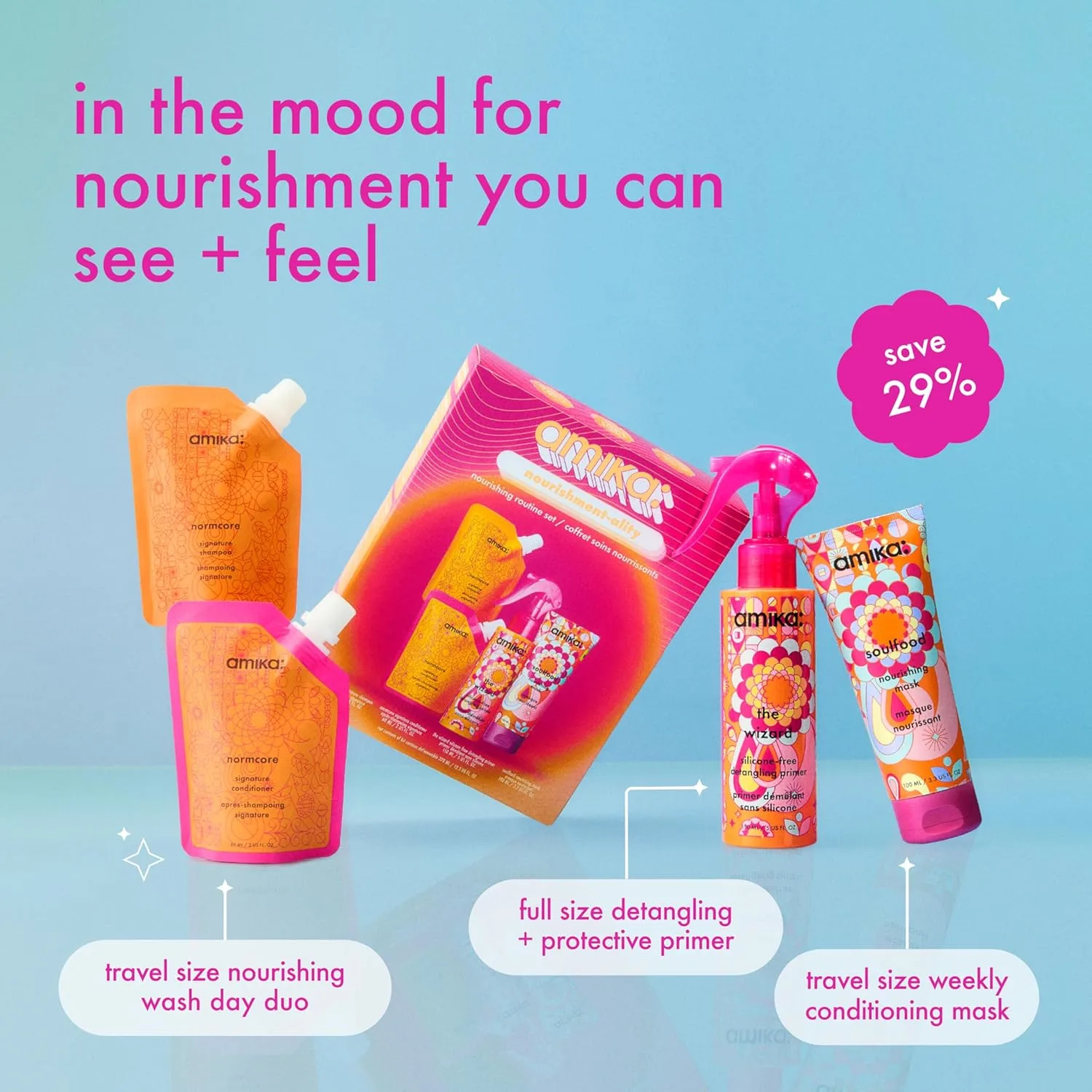 Набор для ухода за волосами amika nourishment-ality nourishing routine set | Подарочный набор для мягких волос, одобрен для путешествий по правилам TSA. — фото 2