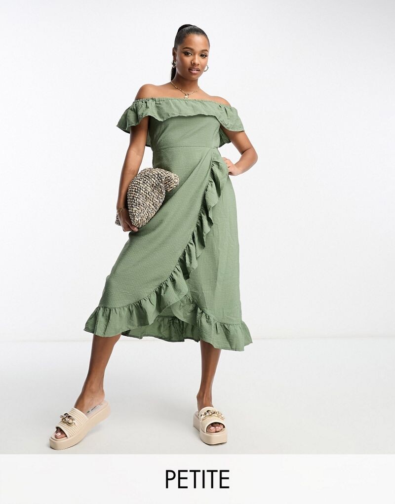 

Платье миди цвета хаки с фактурной отделкой и оборками River Island