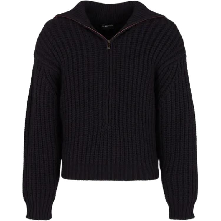 

Свободный джемпер из натуральной шерсти с частичной застежкой-молнией, связанный в рубчик в стиле рыбацкой вязки Emporio Armani, marine синий