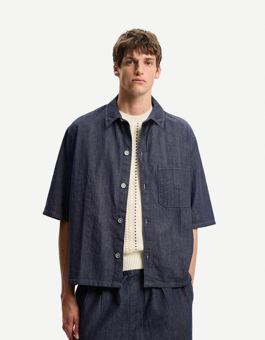 

Джинсовая рубашка с коротким рукавом Bershka, синий