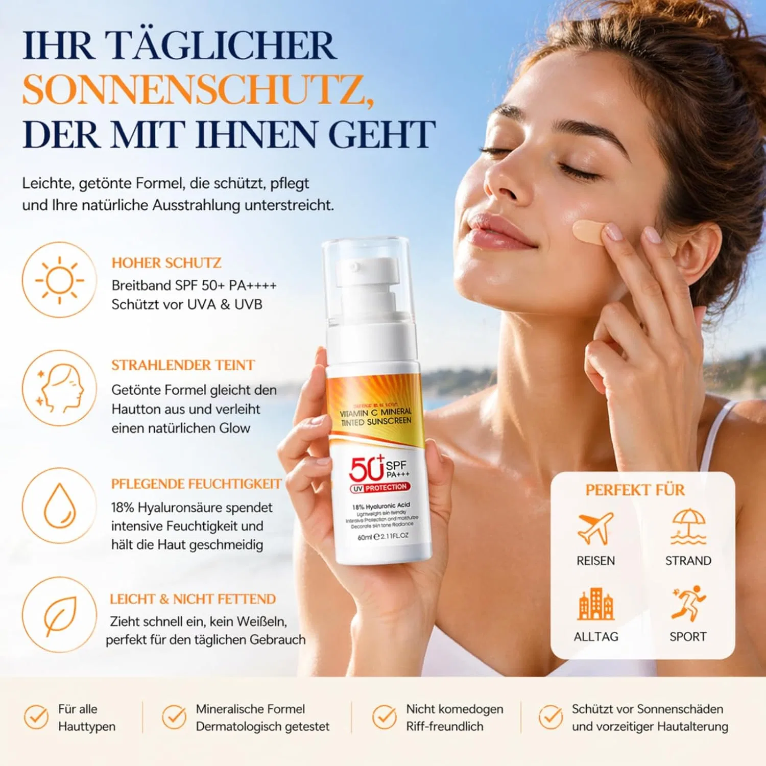 Минеральный тонирующий солнцезащитный крем для лица с витамином С SPF 50 (60 мл) Snockoo — фото 2
