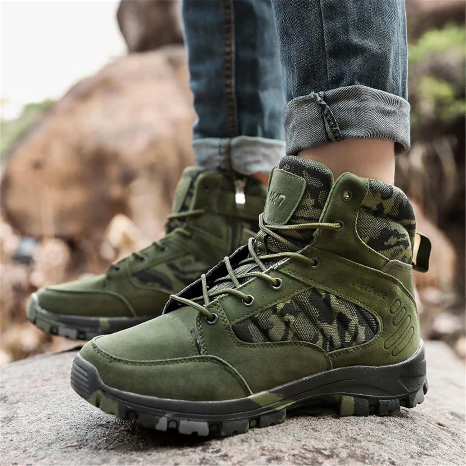 Мужские ботинки военного тактического стиля из замшевой кожи с сеткой, на шнуровке Tengfeifly, зеленый — фото 3