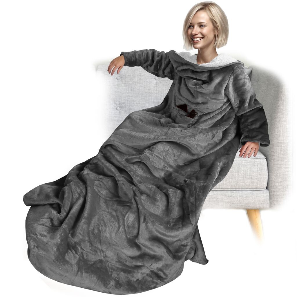 

Одеяло NYVI с рукавами CozyWear Sherpa 150x180 см Серое - Мягкое одеяло с согревающим шерпом внутри, рукавами, 2 нагрудными карманами, карманом для ног - Уютное одеяло для ТВ для взрослых и детей - Одеяло для дивана