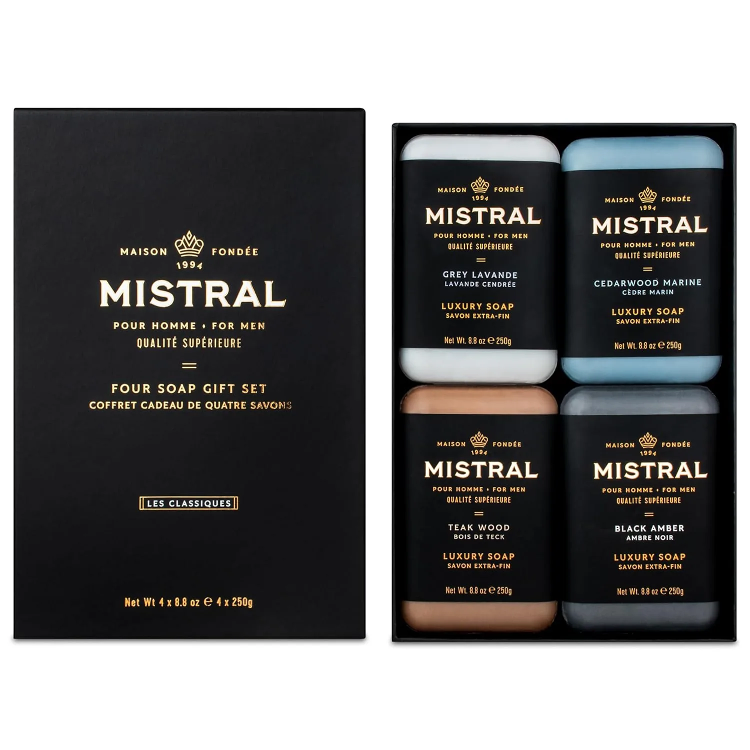 Мыло для мужчин Mistral Luxury Bar, набор из 4 шт (по 250 г) - Grey Lavande, Cedarwood Marine, Teak Wood, Black Amber, увлажняющее, тройного помола 997.92 г (4 шт.), Multi-Color