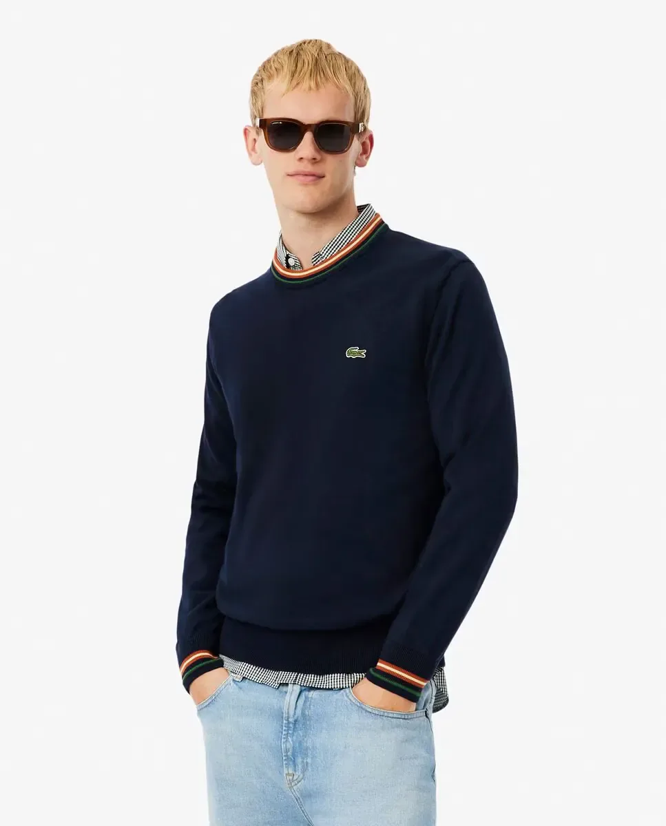 Мужской вязаный джемпер Мужской хлопковый полосатый джемпер Lacoste, темно-синий