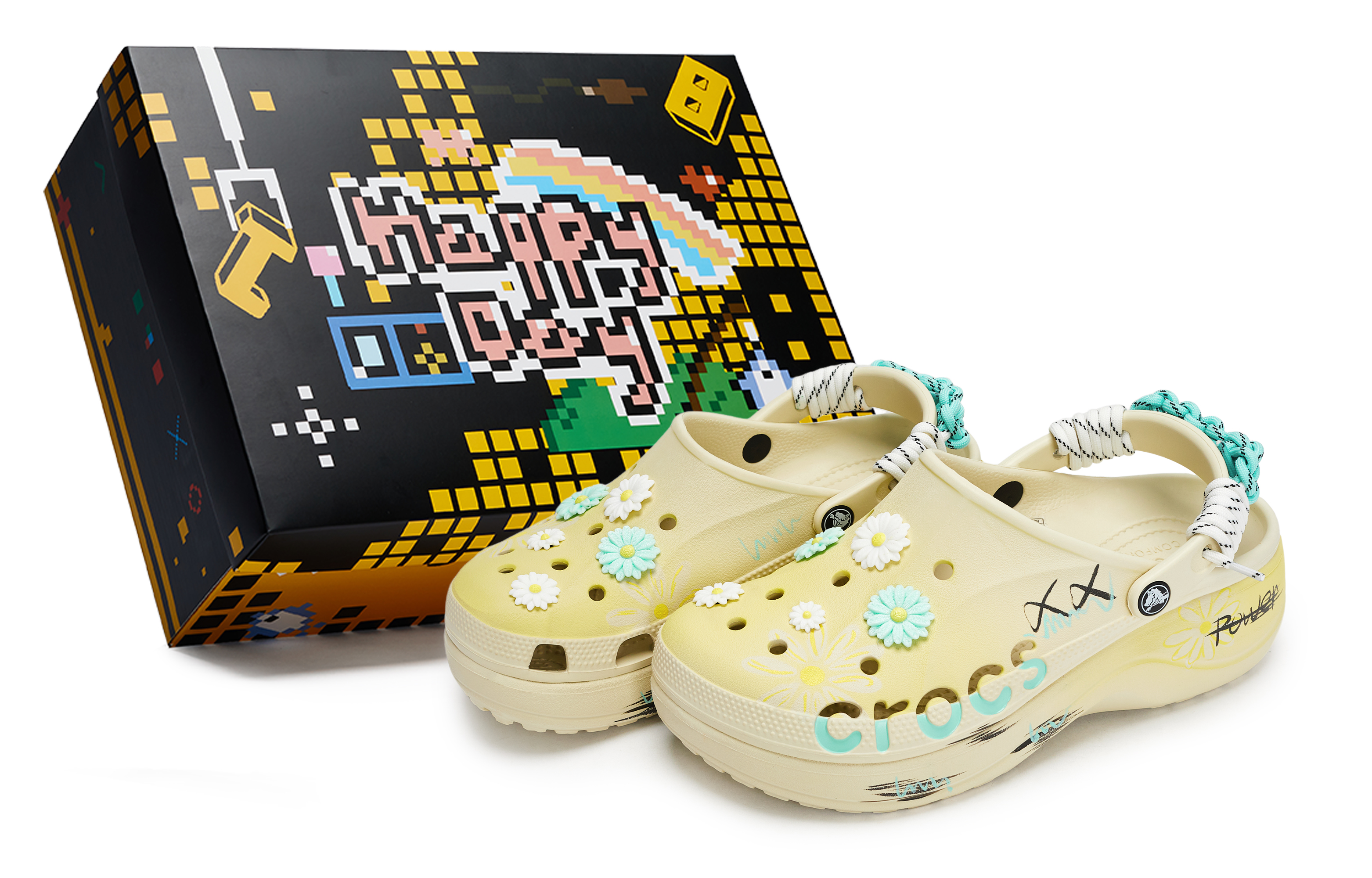 Crocs Сабо Baya Platform Clog 811 Manufacturing, с цветочным принтом, женские, белого, желтого и синего цветов