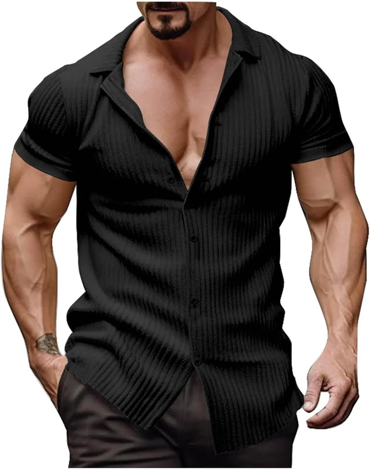Мужская рубашка с коротким рукавом Slim Fit в вертикальную полоску, модный летний повседневный топ с лацканом Generic, черный