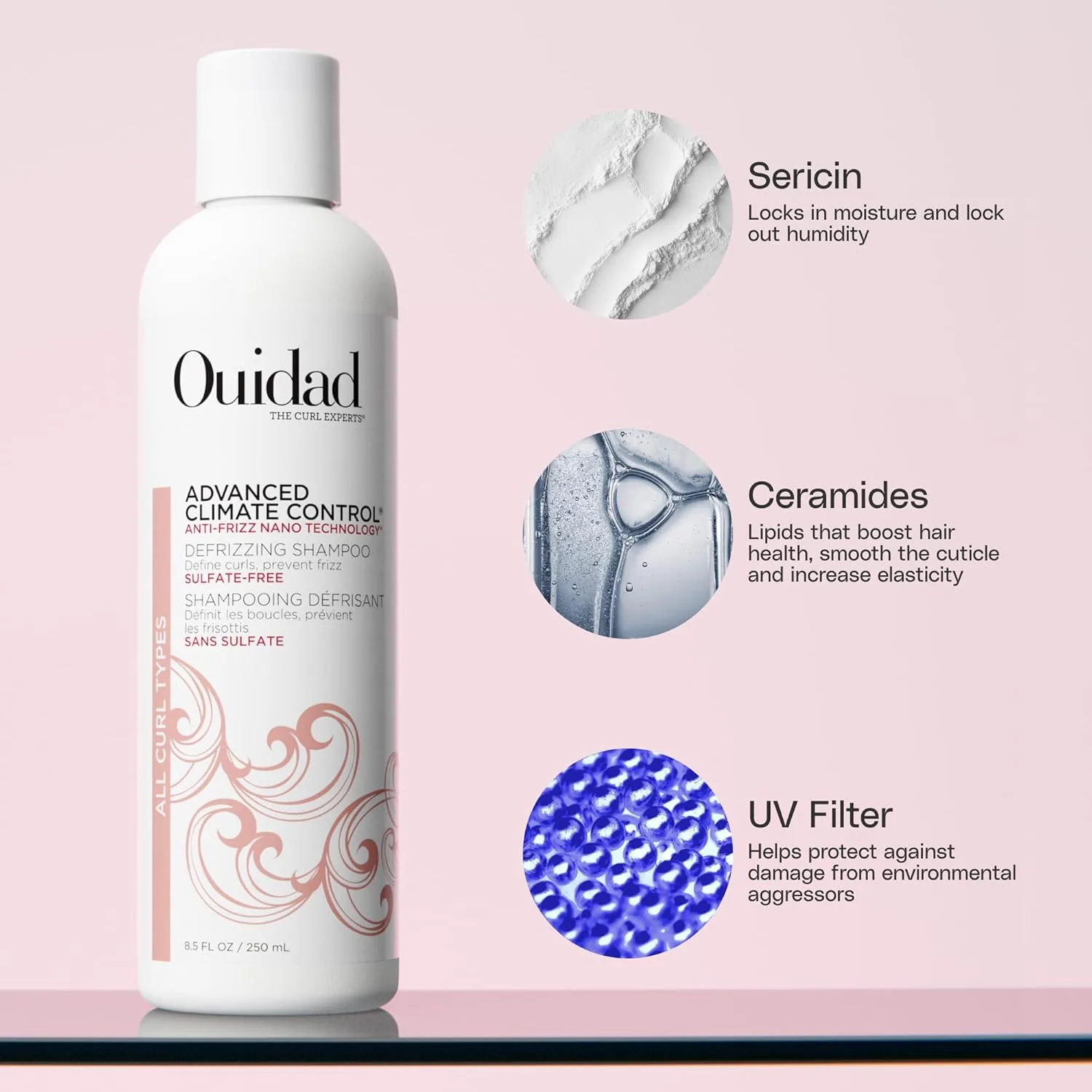 Набор шампуня и кондиционера Ouidad Advanced Climate Control Anti-Frizz, 8.5 fl oz каждый - для определения локонов, без сульфатов, безопасен для окрашенных волос, увлажнение и защита от тепла — фото 4