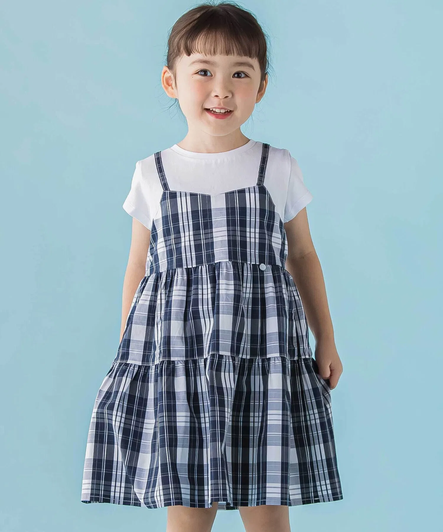 Детское платье-комбинация в клетку BeBe Petits Pois Vert синее