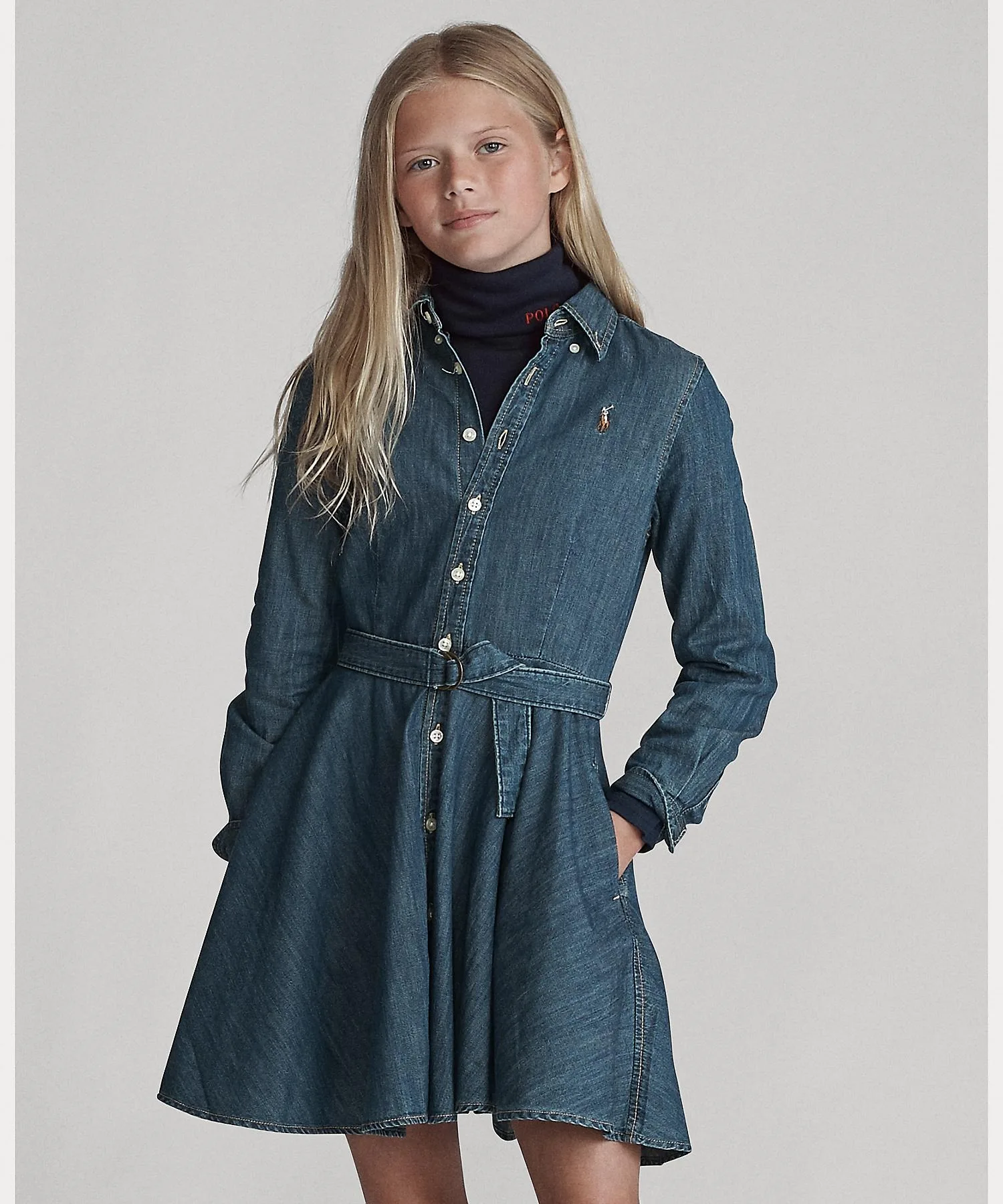 Детское платье-рубашка POLO RALPH LAUREN CHILDRENSWEAR из денима с поясом