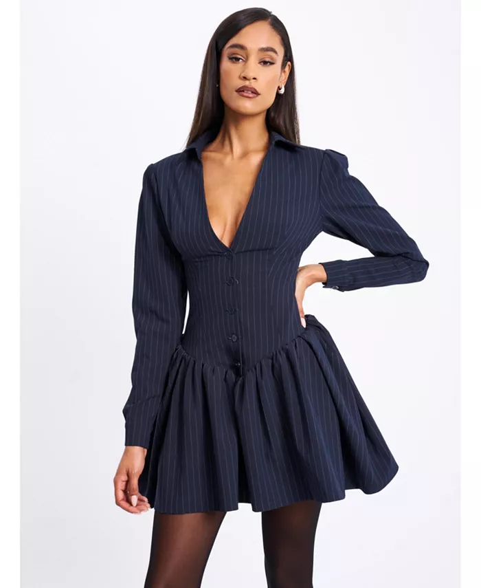

Женское мини-платье-рубашка в тонкую полоску с длинными рукавами Xabrina Navyblue Miss Circle, синий