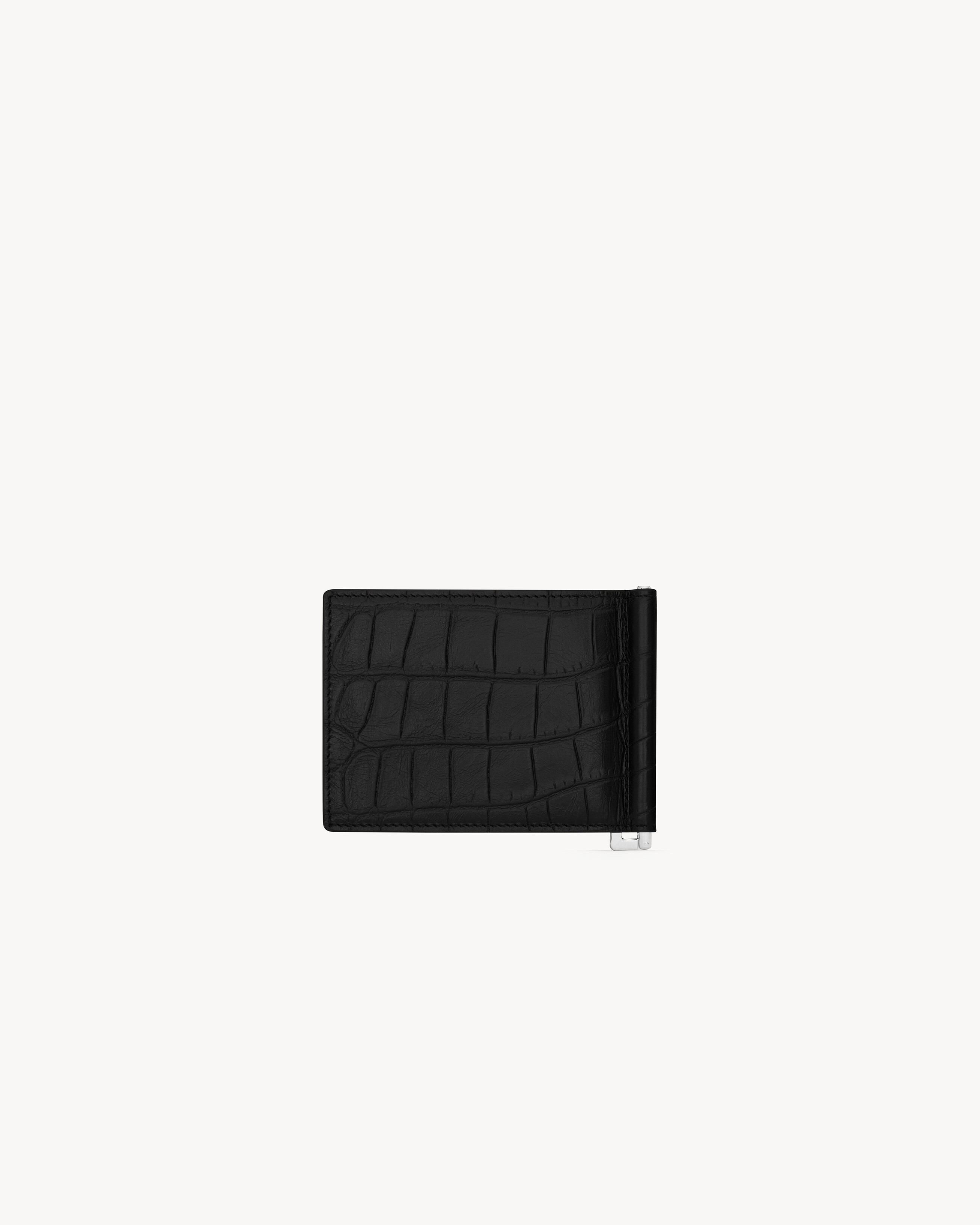 Кошелек для купюр Saint Laurent Paris из кожи с тиснением под крокодила, черный — фото 2