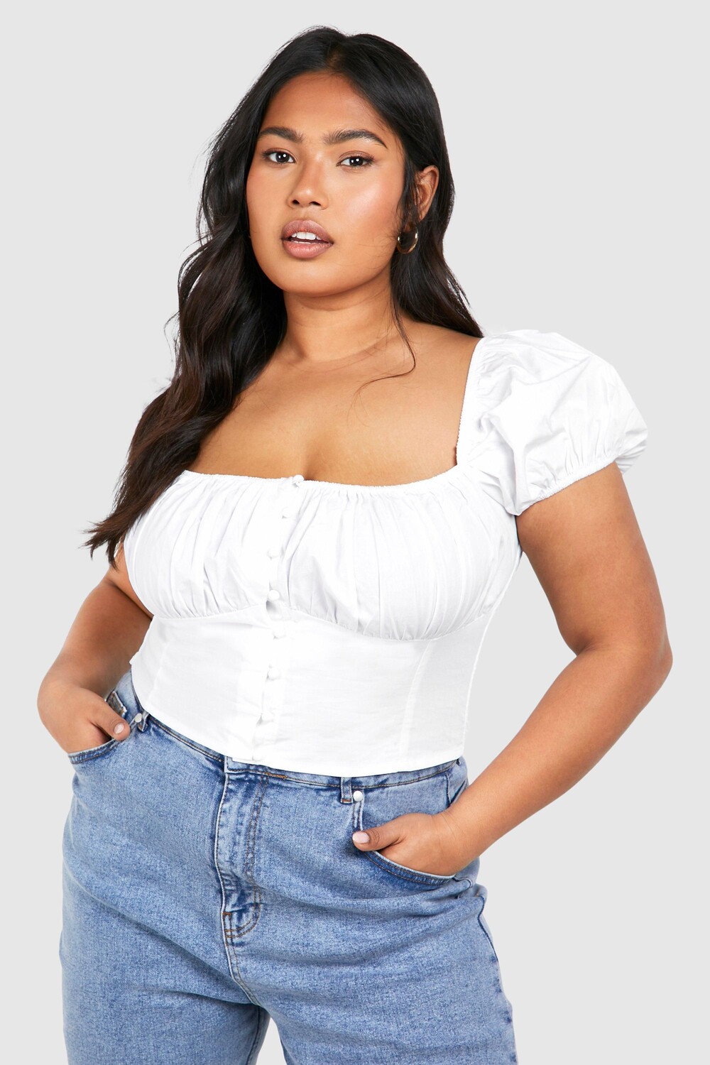 

Топ плюс с ткаными пуговицами и пышными рукавами спереди Boohoo, белый