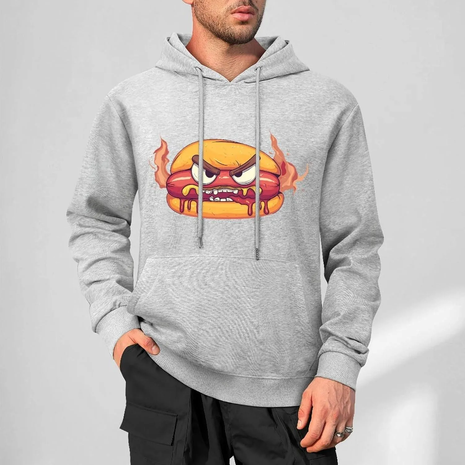 Толстовка Angry Hot Dog Hamburger Fashion с капюшоном для мужчин, хлопковая, с карманом Generic, серый — фото 2