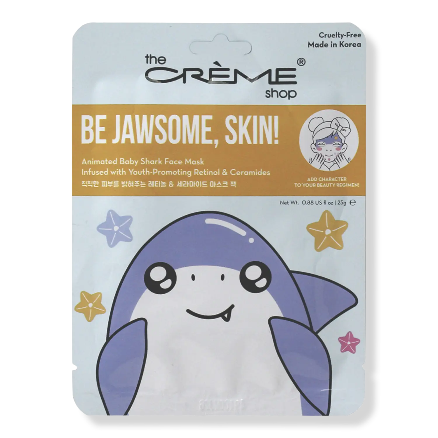 

Будь потрясающей, кожа! Анимированная тканевая маска для лица с изображением малыша-акулы. The Crème Shop