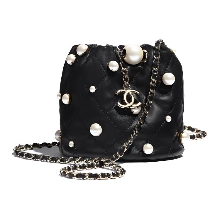 

CHANEL Жемчужная овчинная ведерка через плечо миниатюрная женская черная
