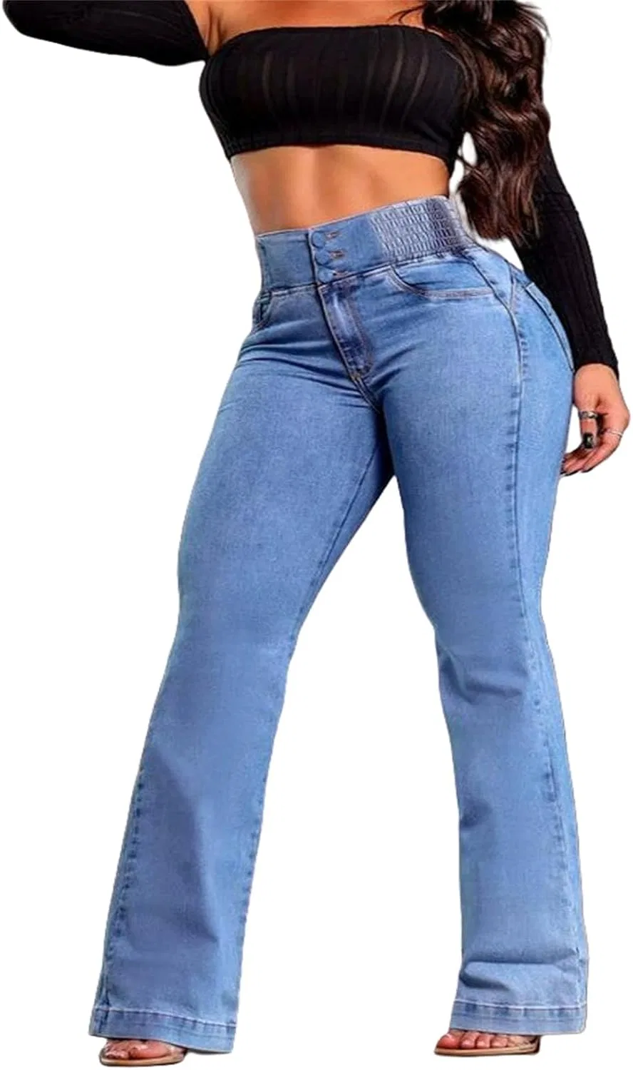 Джинсы клеш, Women's Smocked High Rise Bootcut, Blue