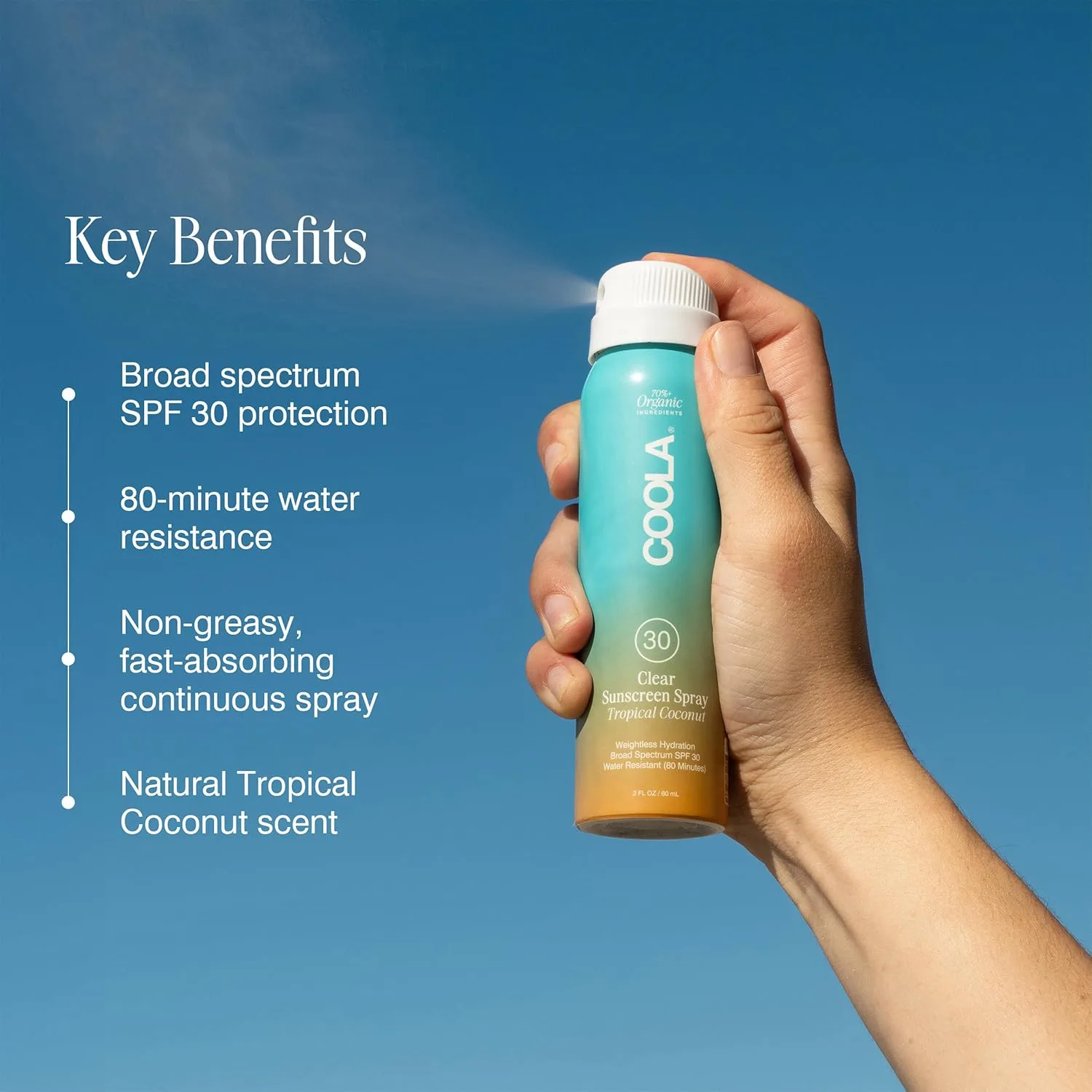 Солнцезащитный спрей COOLA Organic Sunscreen SPF 30, протестирован дерматологами, обеспечивает ежедневную защиту кожи, подходит для веганов и не содержит глютена, аромат тропического кокоса. 59 мл (1 шт.) — фото 2