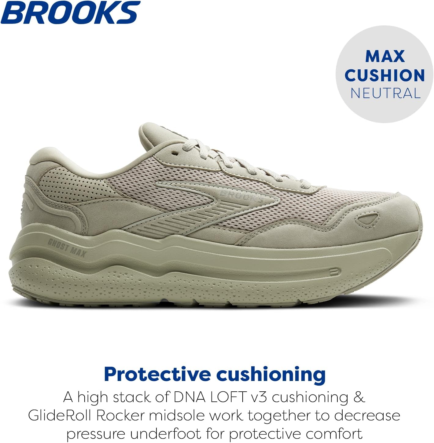 Мужские кроссовки Brooks Ghost Max из замши и кожи нейтральной модели для бега и ходьбы, Stone/Oak — фото 2