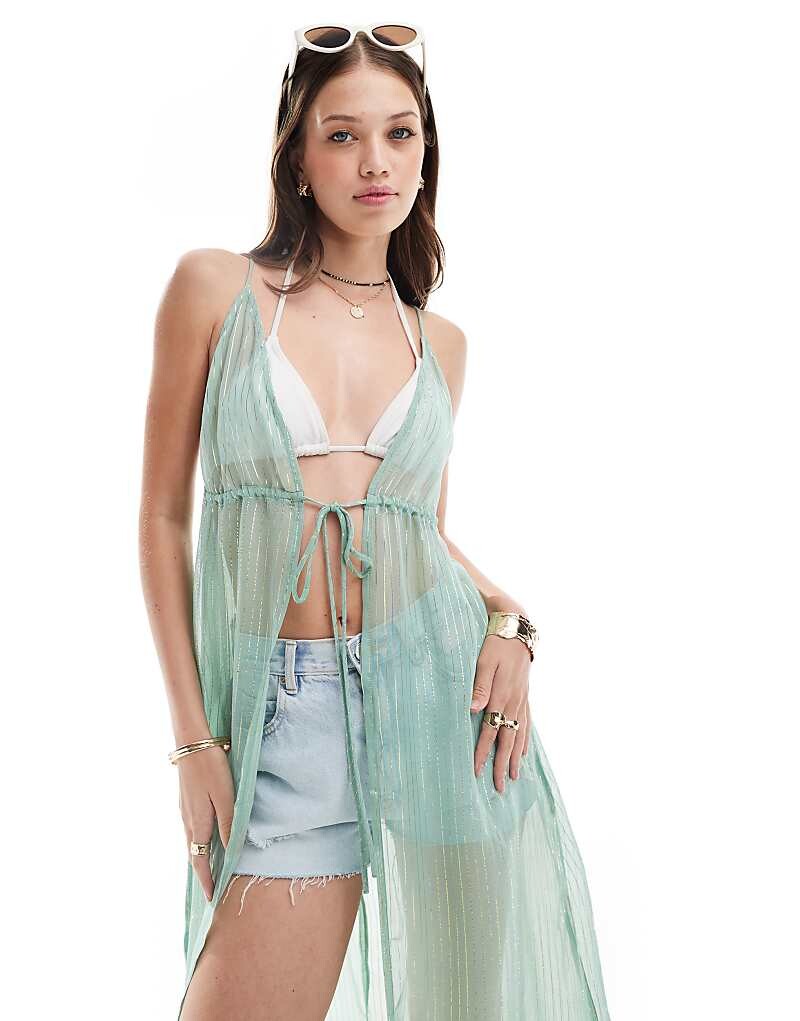 

ASOS DESIGN – Зеленое пляжное кимоно с разрезом и завязкой спереди