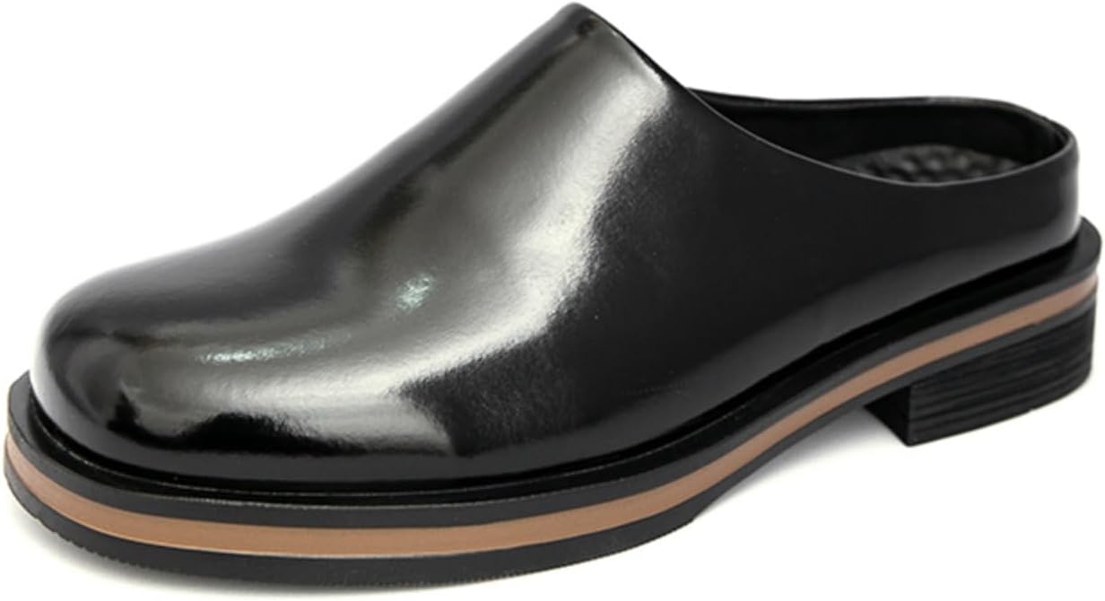 

Мужские ретро лоферы без задника из лакированной кожи на толстом каблуке, с круглым носком, противоскользящие, для прогулок, бизнеса, вечеринок и свадеб Qwuieoin, черный