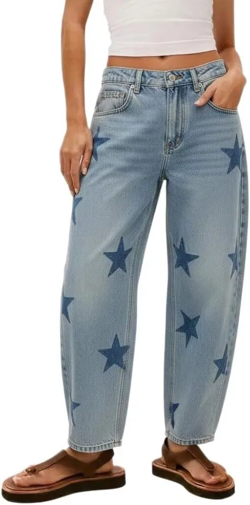 Джинсы с цветочным принтом, Wide Leg, Light Blue