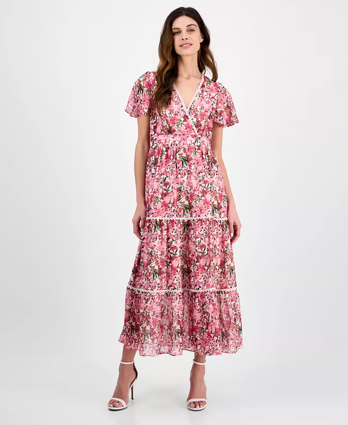 

Женское платье с запахом, печатным рисунком и рукавами-крылышками Anne Klein, розовый