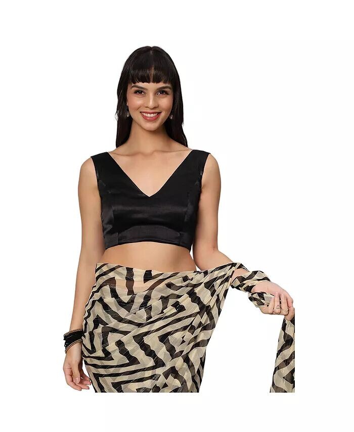 

Женская блузка без рукавов Ana Black Satin Comfort Stretch с глубоким V-образным вырезом и бантом One Minute Saree, черный
