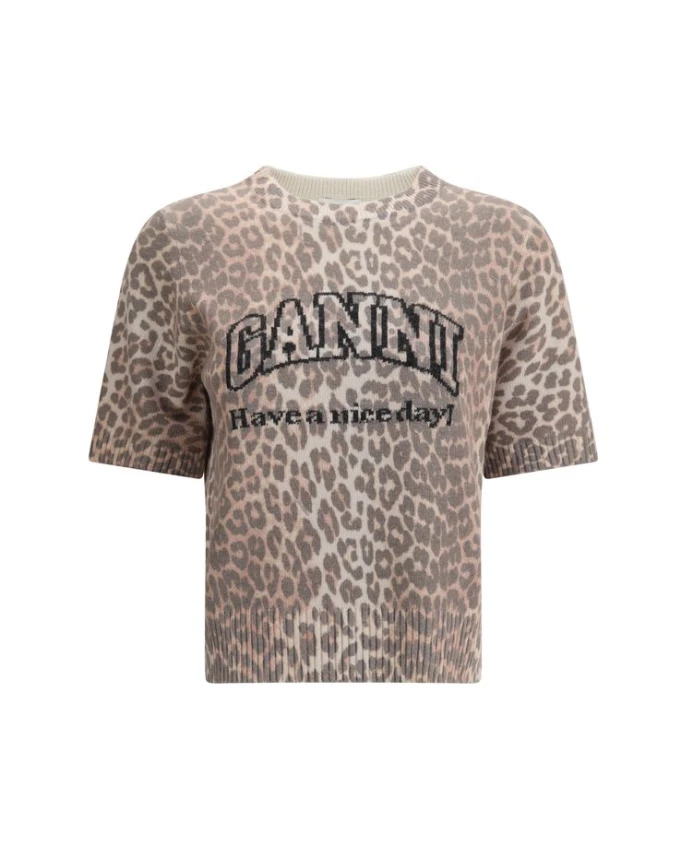

Пуловер с короткими рукавами и леопардовым принтом Ganni, мультиколор