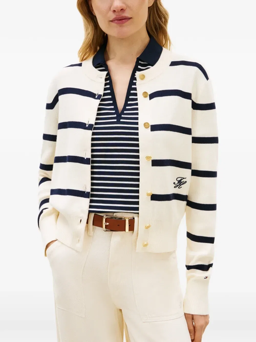Кардиган из хлопка в полоску премиум-класса Tommy Hilfiger, бежевый — фото 4