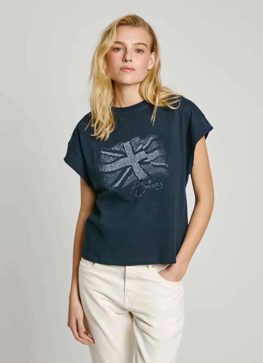 

Женская футболка с круглым вырезом и флагом со стразами Pepe Jeans, тёмно-синий